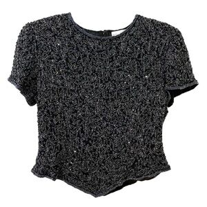 Papell Boutique Evening Beaded Short Sleeve Blouse Crewneck Vee Front and Back